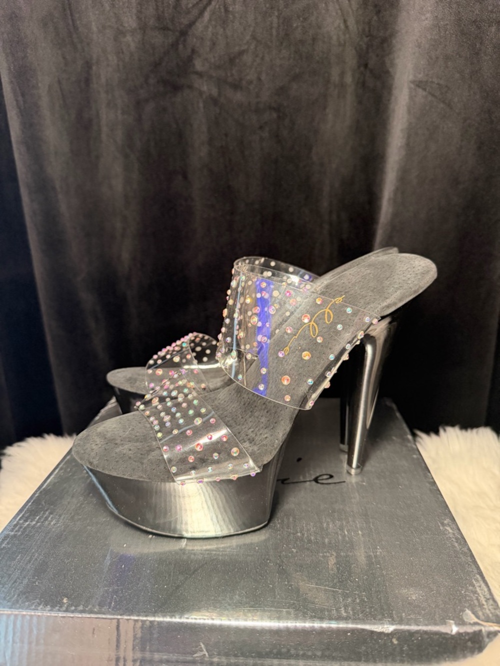 Ellie Black Platform Heels with Iridescent Crystal Straps - Picture 4 of 12